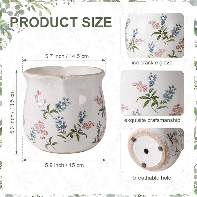 DREAMLOOM Vintage Ceramic Planter for Indoor Plants,6.1" Ice Crack Cottage Scroll Vase Tuscan Decor Flower Pots with Drainage Holes Home Kitchen Farmhouse Antique Decorative Gift (Red-Corrugated)
