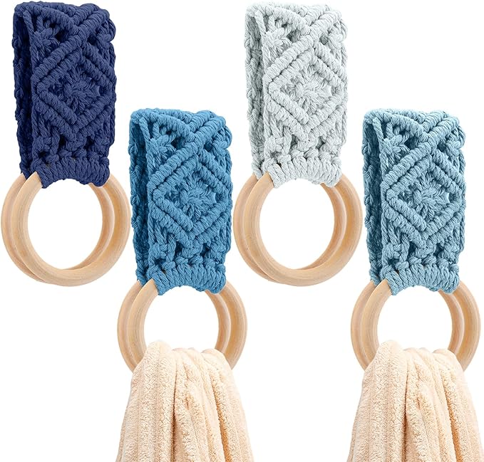 Tioncy 4 Pcs Kitchen Dish Towel Holder Mother's Day Gifts Boho Handmade Crochet Hanging Towels Loop Ring Knit Towel Hanger for Cabinet House Oven Stove Door, 4 Colors(Blue)