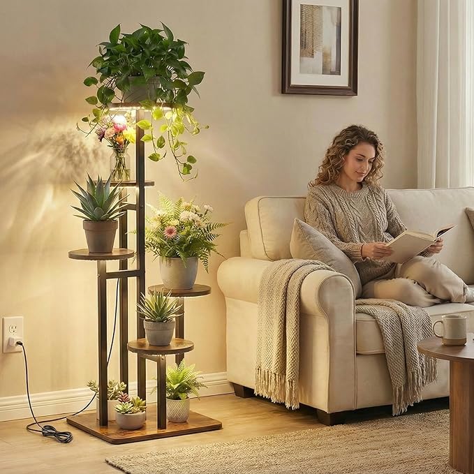 5 Tier Plant Stand Indoor with Grow Light, Tiered Plant Stands for Indoor Plants Multiple, Corner Flower Stand for Living Room, Multi-Layer Vintage Design Plant Shelf