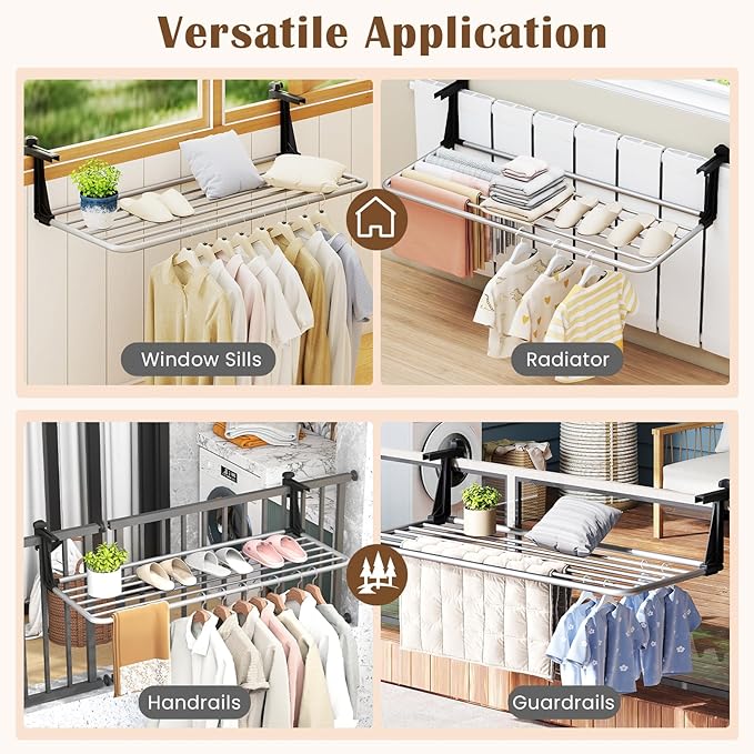Tangkula Portable Clothes Drying Rack, Extendable Radiator Clothes Airer with Robust Aluminum Frame for Balcony Railings Windowsill, Folding Towel Rack for Indoor & Outdoor Use (Extra Large)