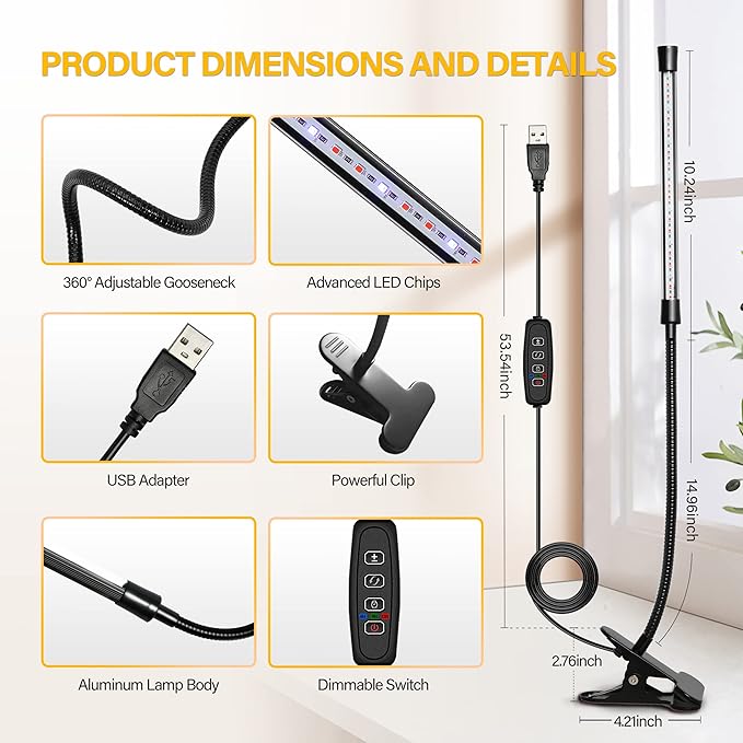 iPower LED Grow Light with Full Spectrum for Indoor Plants, Adjustable Gooseneck, 2/3 Light Modes&5/10 Dimmable Levels, 3 Auto Timing Modes, 1 Tubes, Yellow