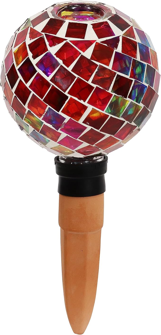 Sunnydaze Mosaic Glass Plant Watering Globe with Clay Spike - Decorative Self-Watering Planter Insert - Water Dripper for Plants - 9.5" - Magenta Medley