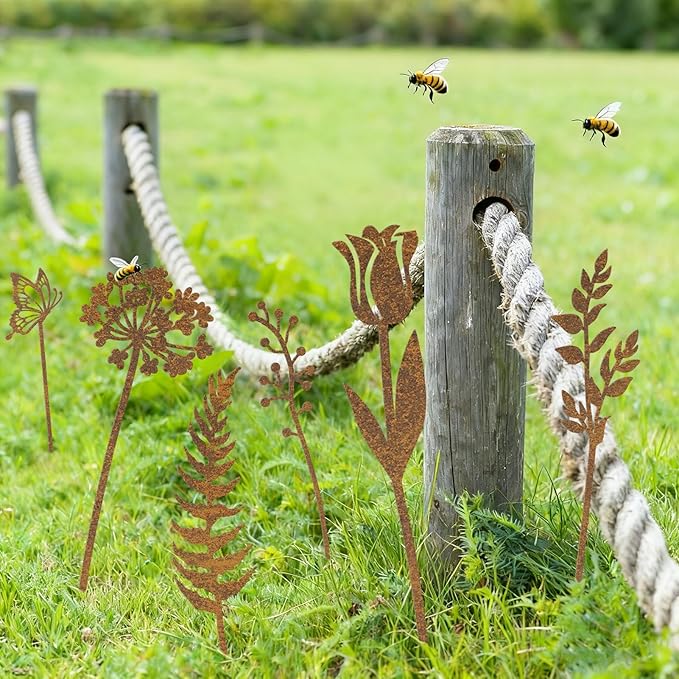 Metal Flowers for Outside, Rusty Plant Shaped Decoration, Rustic Decorative Garden Stakes, Metal Art for Outside, Flower Arrangement Potted Plants Outdoor Lawn Yard Courtyard Art (11pcs)