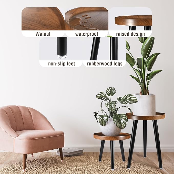 KGPLOME Indoor Plant Stand,Wood Mid Century Plant Table in Walnut Finish,Tall Plant Stand for Flower Pot,Modern Round Small Side End Table with Raised Design (Walnut, 12"x18")
