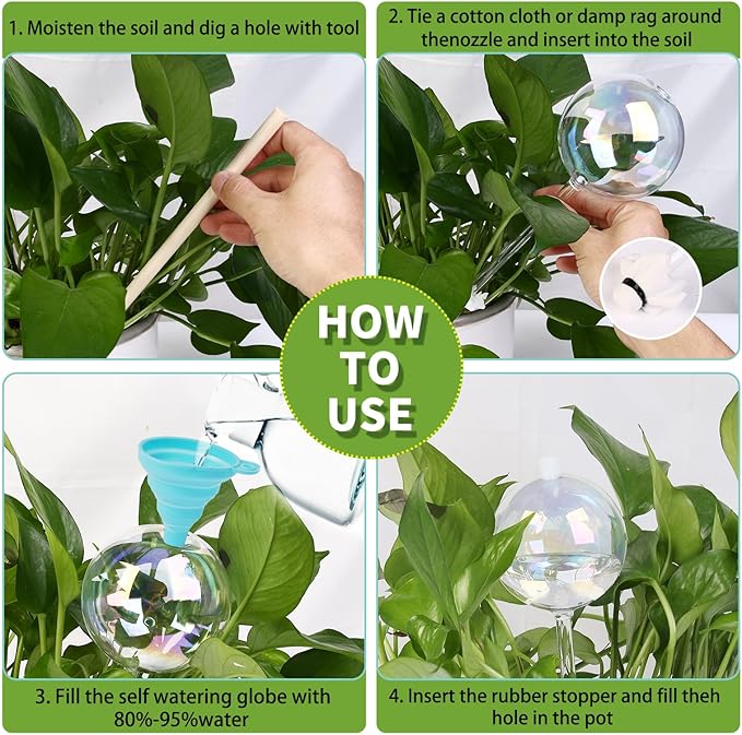 13oz Up to 2 Weeks Large Plant Watering Globes - Self Watering Bulbs and Planter Insert for Indoor & Outdoor Plants, Glass Water Globes Automatic While Away (4 Pack)