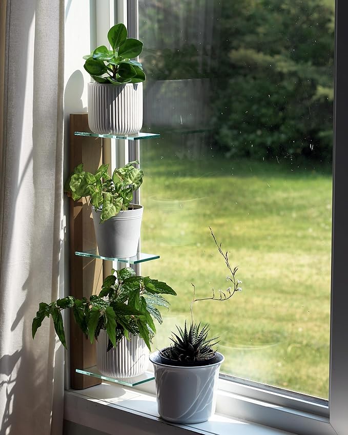 Daniel's Plants 3 Tiered Window Sill Plant Shelf (Real Wood & Glass) | Renter Friendly Window Shelves | Removable Indoor Plant Stand with Hook-and-Loop | Easy Setup | Solid Wood (Prairie Sand)