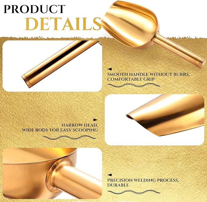 Roshtia 6 Pcs Gold Ice Scoops Stainless Steel Mini Scoop Candy Scoops for Kitchen Dispenser Buffet Jars, Scooping Coffee Bean, Sugar, Flour, Spice (5 oz)
