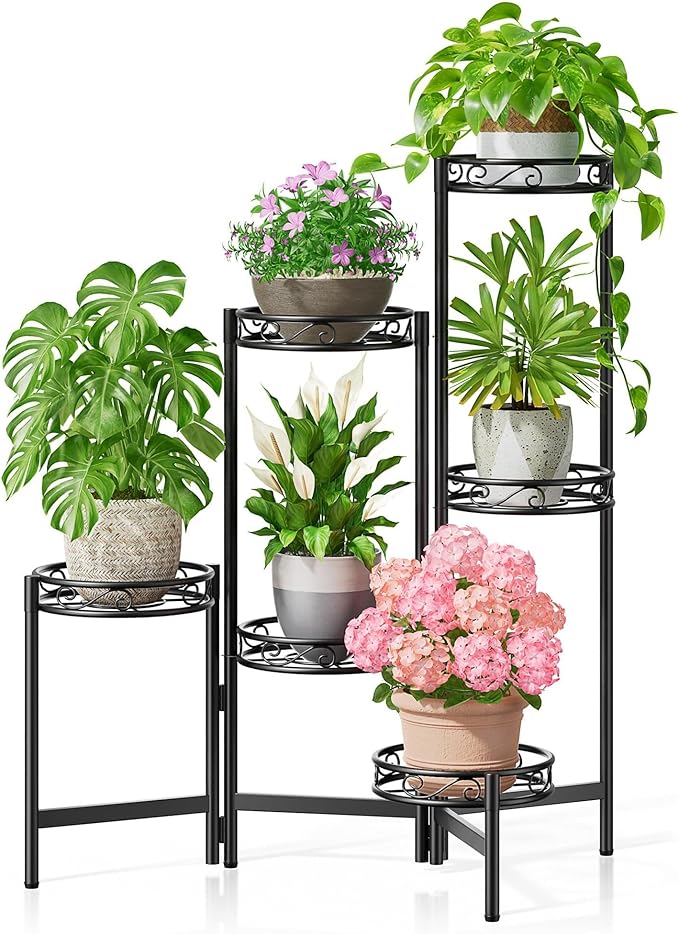 Plant Stand Outdoor Metal 6 Tier for Multiple Plants Corner Balcony Living Room Tall Indoor Plant Shelf Black Circle