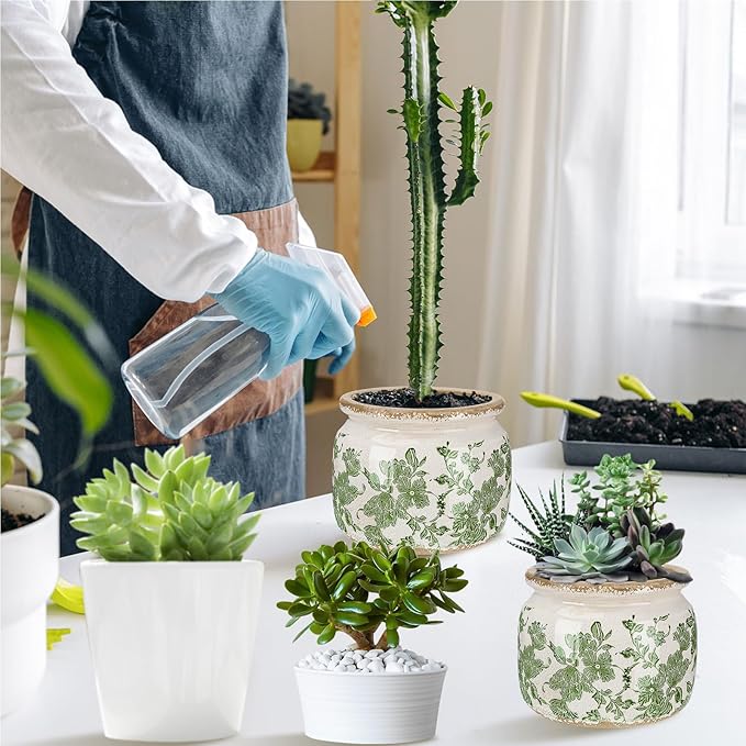 4.7" Small Ceramic Plant Pot Beige Green Vintage Floral Crackle Glaze Rustic Flowers Pot Decorative Planter with Drainage for Indoor Outdoor Plants Home Kitchen Office Decor Gift