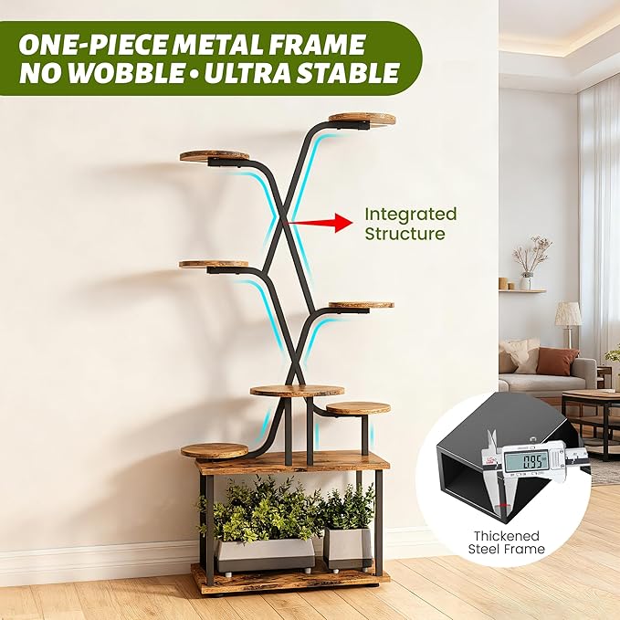 Tall Plant Stand, 9-Tier Tiered Indoor Plant Stand Multiple Shelves, Stable Plant Stand Indoor with Grow Lights for Home, Office, Balcony & Patio