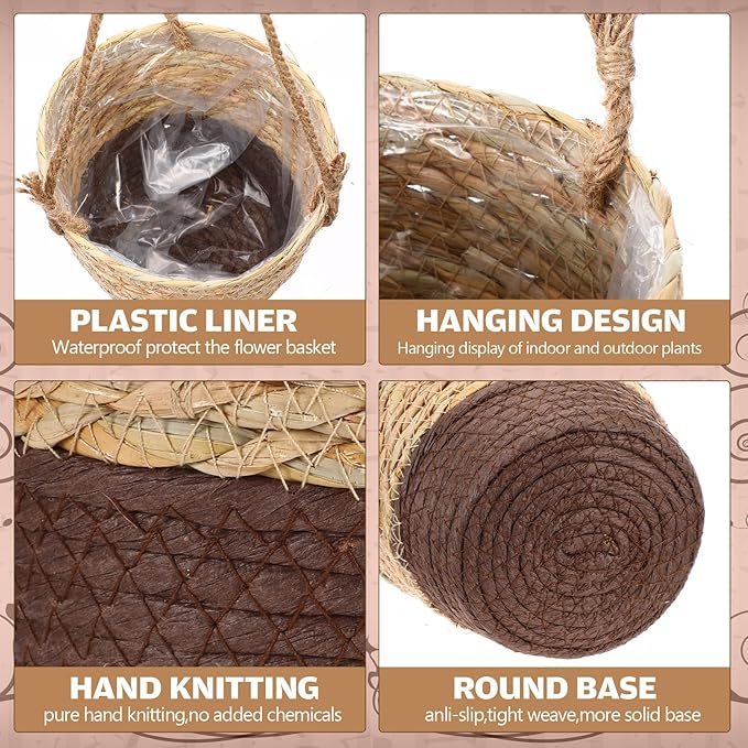 6 Pcs Seagrass Hanging Planter Basket Hand Woven Plant Basket with Plastic Liners Hanging Plant Holder Storage Containers with Cotton Rope for Indoor Garden Decor (Small,Brown,Coffee Brown)