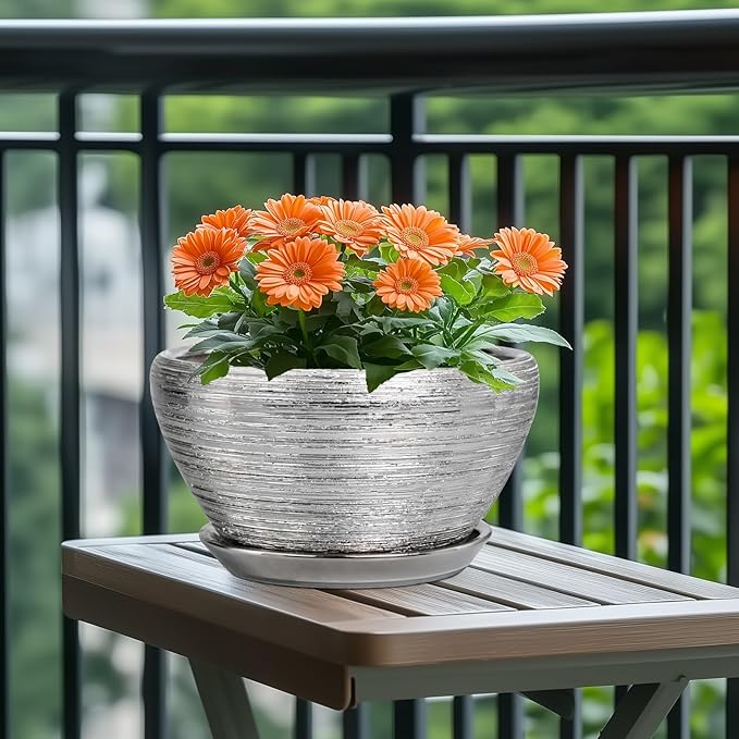 Ceramicfor Flower Pot for Indoor Plants - Ceramic Planter 11 Inch Plant Pot with Drainage Hole and Saucer Large Decorative Planter Outdoor Mid-Century Planter for House Decor Silver