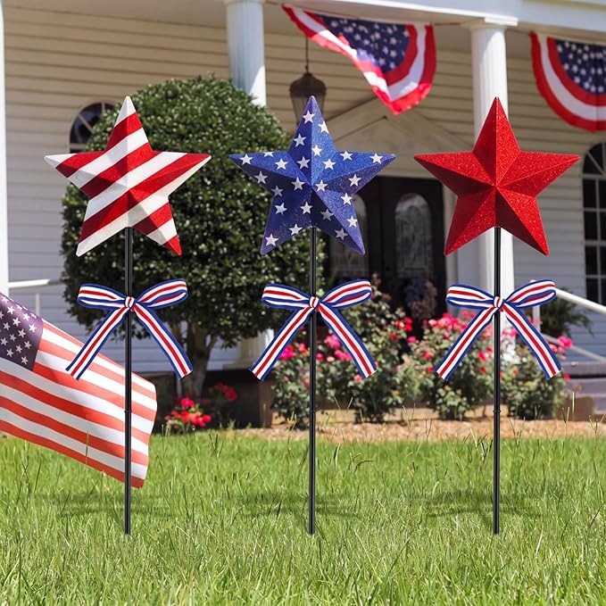 Amyhill 3 Pcs 4th of July Outdoor Decor Patriotic Star Metal Garden Stakes Memorial Day Welcome Yard Signs Red White Blue Decorations Garden Stakes for 250th Anniversary Patio Lawn Walkway Outside