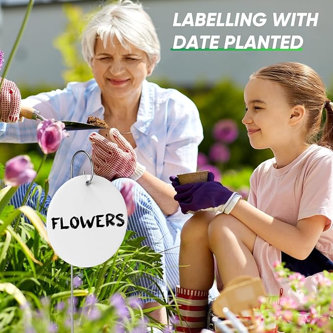 CroBlissful 12 Pcs Plant Labels Ceramic Garden Sign Markers 3 Inch Round Garden Labels Reusable Waterproof Ceramic Plant Sign Tags with Stainless Steel Stake and Pen for Flower Vegetable Potted Plant