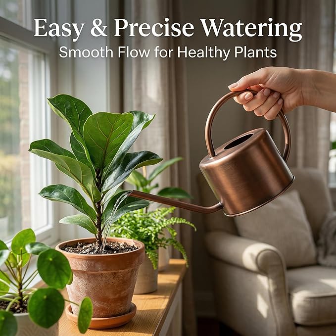 Topadorn 1.3L Watering Can for Indoor and Outdoor Plants - Long Spout Water Can for Garden, Flower, House Plants, Decorative Brown Watering Can