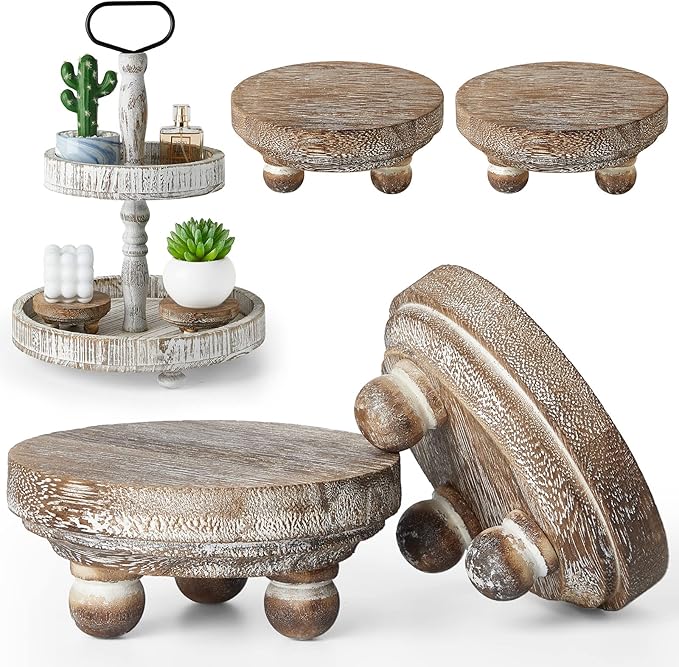 Yalikop Set of 4 Mini Wood Risers for Decor Round Wooden Riser Small Wooden Stool Display Decorative Farmhouse Rustic Wood Pedestal Stand for Plant Pot Tiered Tray Cake Food Home(Brown)