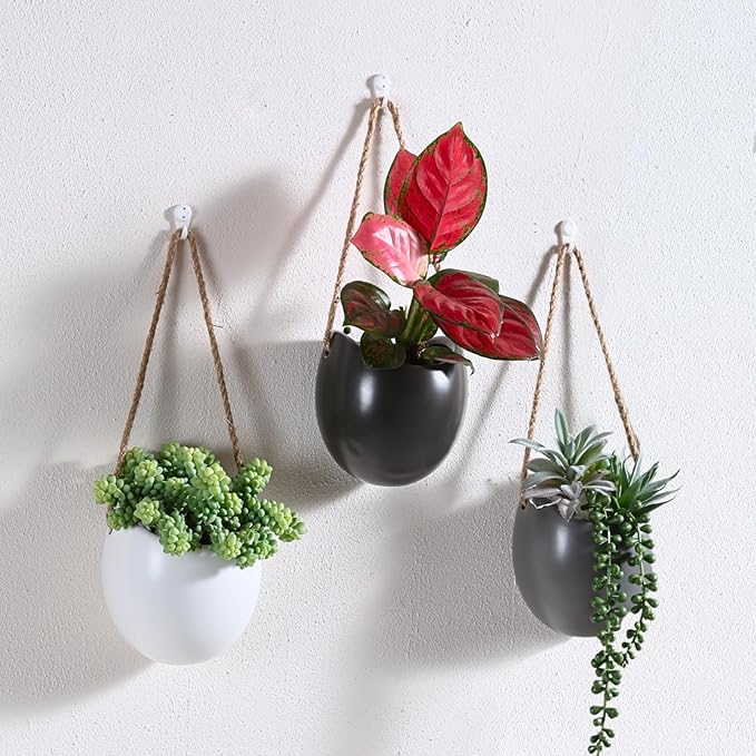 Set of 3 Ceramic Wall Vases - Hanging Pocket Planters for Indoor Plants, Wall Decor for Entryway Hallway Bathroom Living Room Dining Room