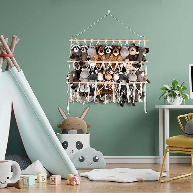 Over the Door Stuffed Animal Storage Hammock Corner Wall Hanging Storage Holder (Off-white)