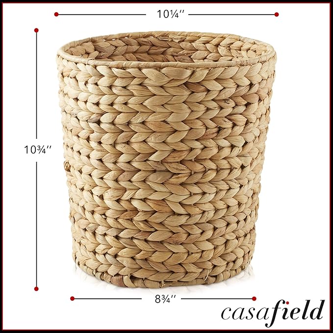 Casafield Set of 2 Water Hyacinth Waste Baskets - Natural, Round Woven Trash Can Bins for Bathroom, Bedroom, Laundry Room, Home Office
