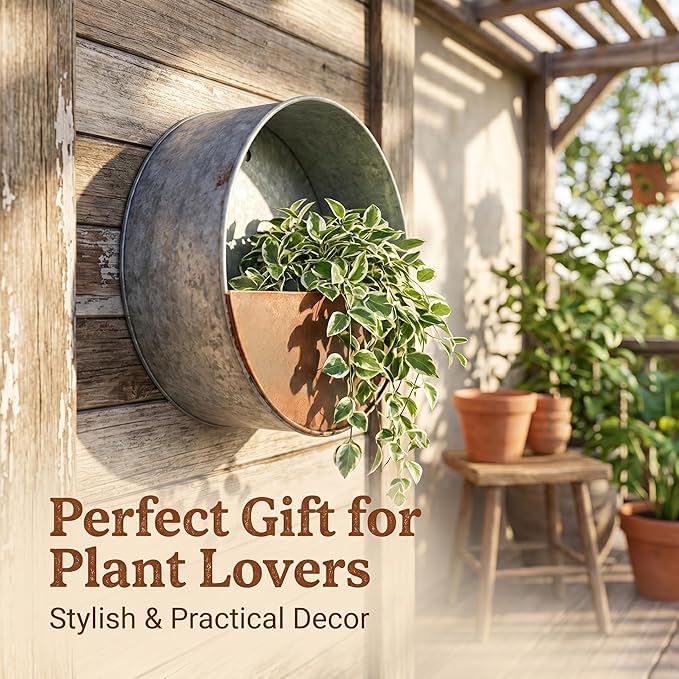 Topadorn Metal Flower Pot Hanging Planter Flower Pot Galvanized Metal Container Wall Pocket Garden Bucket for Indoor or Outdoor Balcony Patio, Round 8"