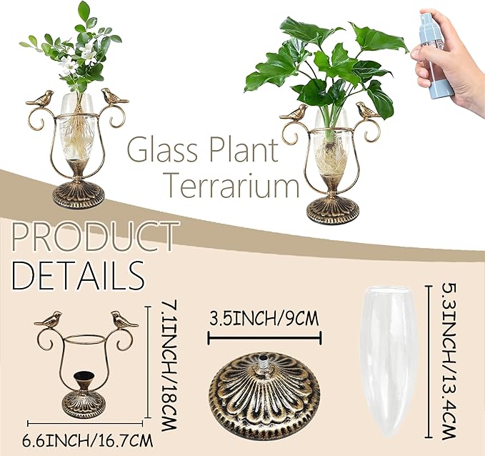 Glass Propagation Vases for Plants, Vintage Hydroponic Plant Propagation Station Terrarium, Retro Bird Gardening Gifts for Women Men Plant Lovers (Gold)