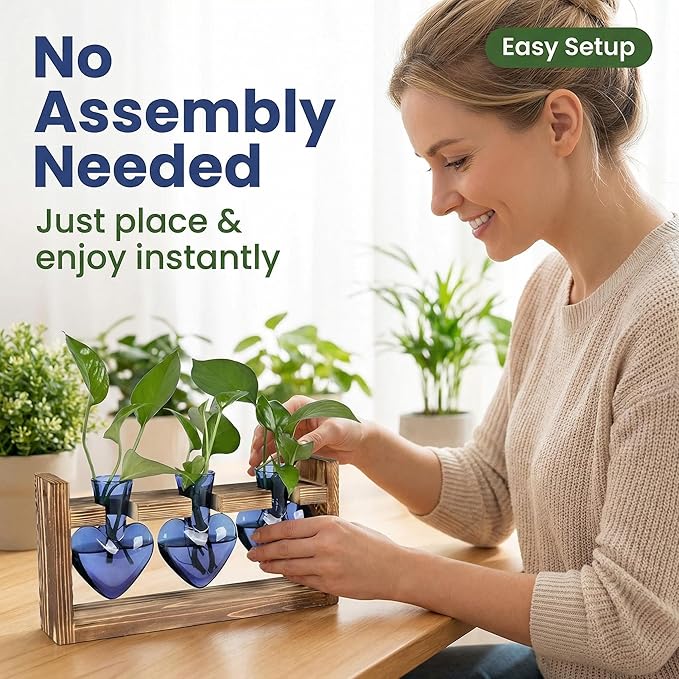 Plant Propagation Station 3Pcs Heart Vase with Wooden Stand Tabletop for Hydroponics Indoor Home Table Decor for Her Plant Lovers Women Mom Wife Daughter (Blue)