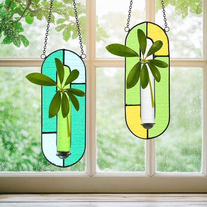 2 Sets Stained Glass Window Hanging Propagation Window Propagation Stations Planters with Glass Tubes and Chain Terrarium Wall Plant Holder Decor for Living Room