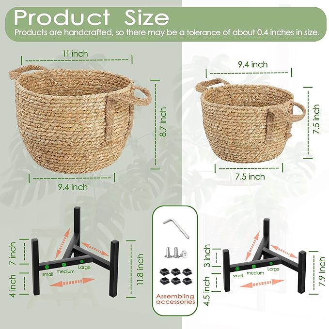 Boho Rattan Woven Stand Planter for Indoor Plant, Outdoor Tall Flower Seagrass Wicker Basket Pot Holders with Adjustable Metal Shelf(Brown)
