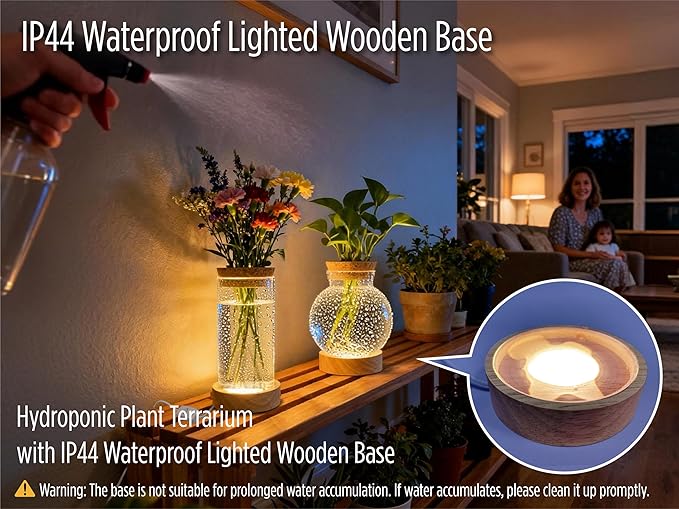 Plant Propagation Station with Light, Glass Planter Station with Waterproof Lighted Wooden Base, Desktop Hydroponic Plants Terrarium, Cylindrical Glass Planter for Home Decor & Office Decor