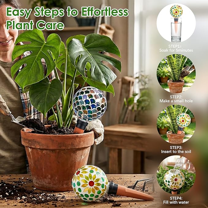 Plant Watering Globes Mosaic Self Watering Spikes 2 Pack for Indoor Outdoor Plants Automatic Plant Waterer Plant Watering Devices for Vacations Pot