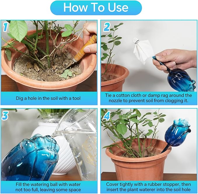 Large Plant Watering Globes Set of 3-10 oz Indoor/Outdoor Large Self Watering Globes Planter Insert, for Mother/Father/Friend/Plant Enthusiasts (Blue Rose)