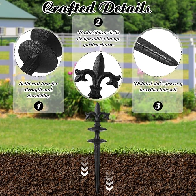 4 Pcs Antique Garden Hose Guide Spike, 13.7" Fleur De Lis Decorative Cast Iron Finial Stakes Heavy Duty Metal Plant Saver Tools Outdoor Hose Protection for Lawn Yard Patio(Black,Assorted Styles)