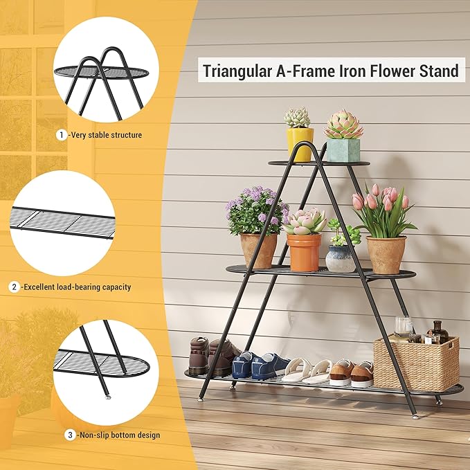 3-Tier Plant Stand Metal Plant Rack Shelf Heavy Duty Indoor Outdoor Shoe Shelf Rack for Multiple Flower Pots Multi-Purpose Storage Organizer for Living Room Patio Garden Entryway Balcony (Black)