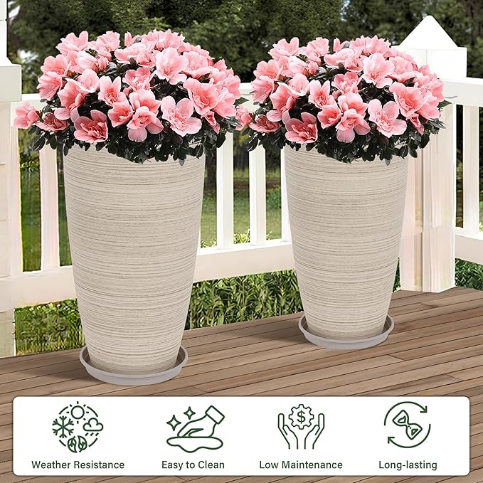 Neoaider Set of 2 Tall Planter, 21 inch Large Plastic Planter with Drain Hole & Saucers, Large Outdoor Planters for Porch, Garden, Patio, Balcony(Oat Color)