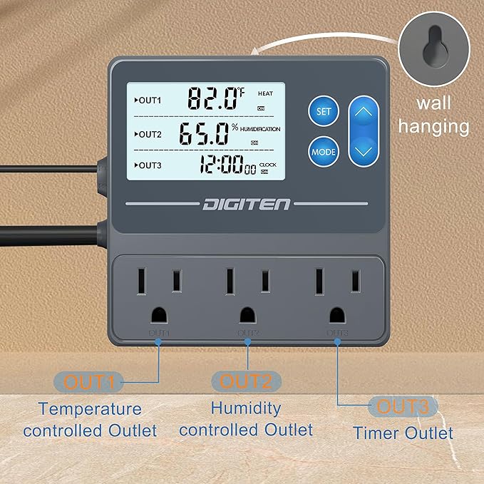 DIGITEN Reptile Temperature and Humidity Controller with Timer Outlet, Day-Night Function Thermostat, 3-Stage Outlet Plug in Temperature Controller for Reptile, Mushroom, Homebrew