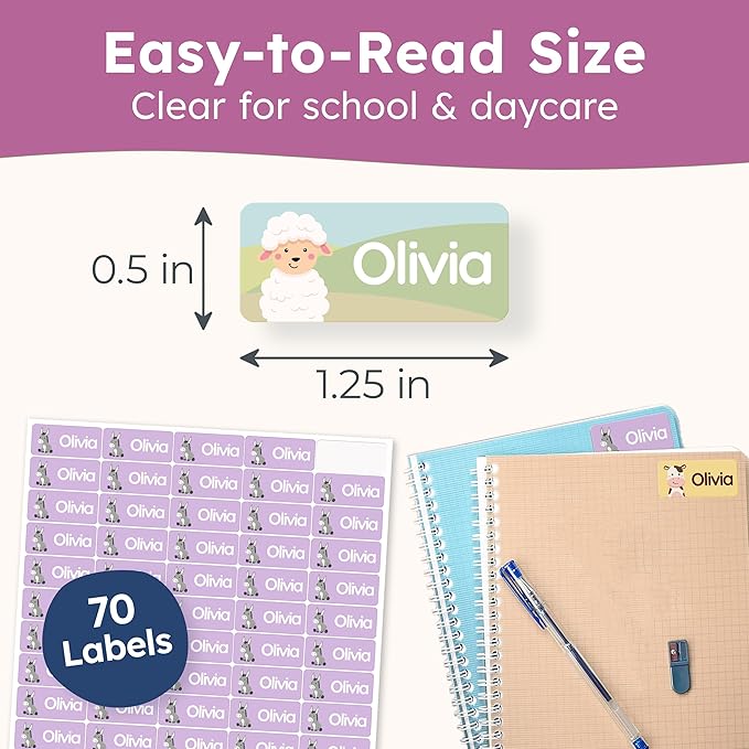 Personalized Name Labels for Kids (70 Labels) - Durable & Waterproof Custom Name Stickers for Clothing Tags, School Supplies, Camp & Daycare - Cozy Farm (1.2”x0.5”)