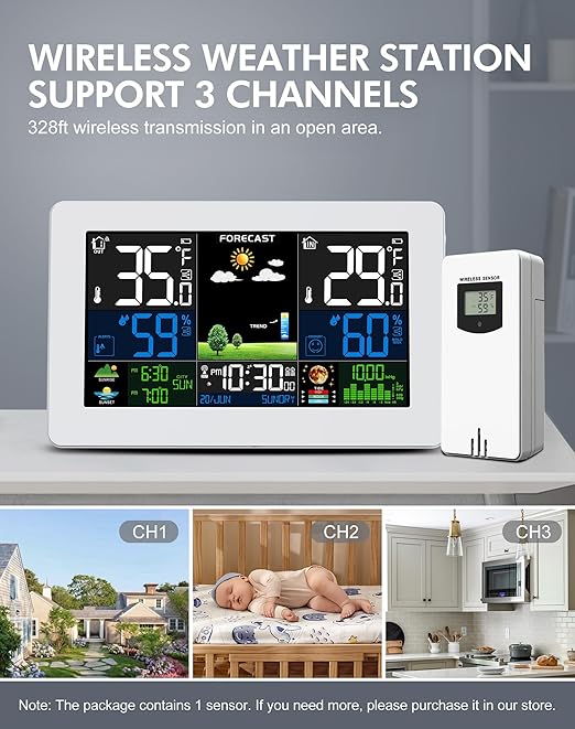 Weather Station Wireless Indoor Outdoor, Digital Thermometer with Remote Sensor, Large Display Home Weather Stations with Weather Forecast, Atomic Clock, Barometric Pressure, Moon Phase