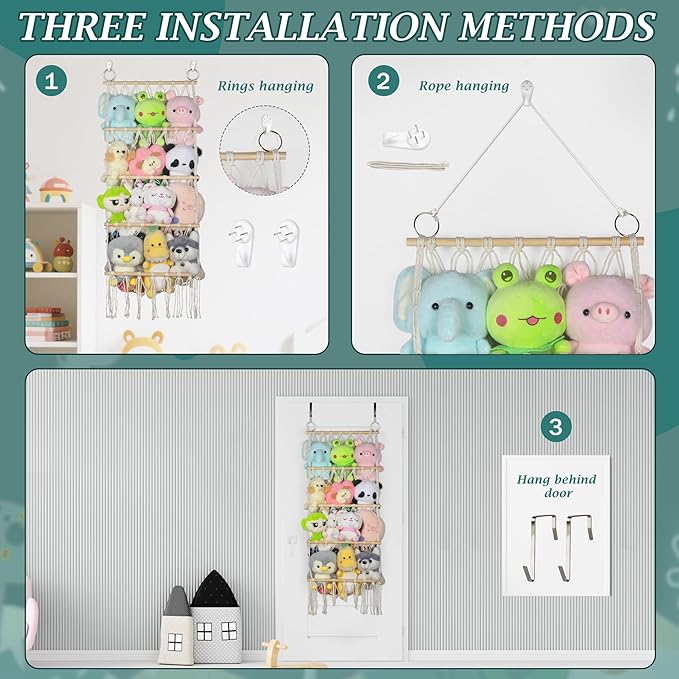 42cm Wide Gray Stuffed Animal Storage Hammock Corner Wall Hanging Storage Holder Boho Macrame Plush Toy Organizer Net for Stuffed Animal