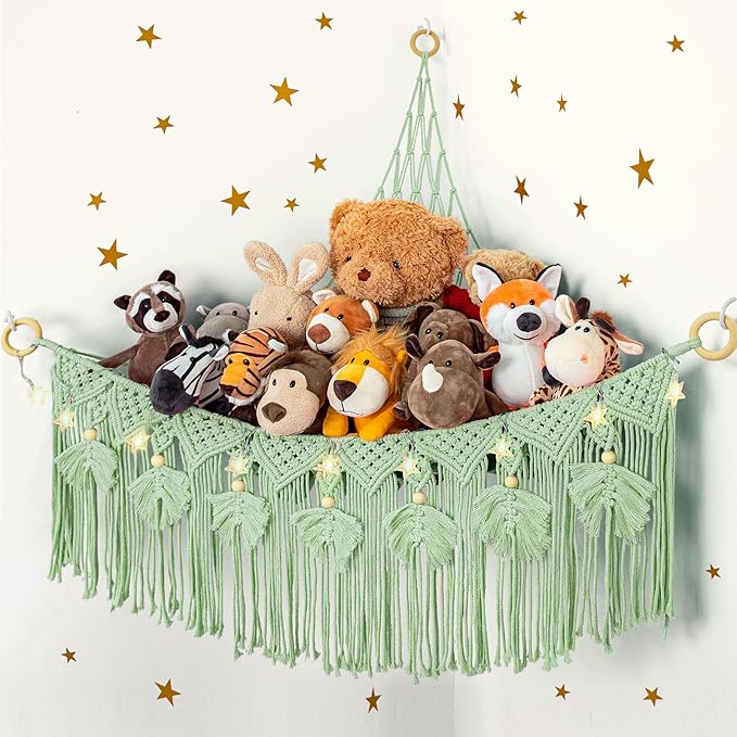 ANROYE Macrame Stuffed Animal Storage with Star Light, Bear Green Hammock for Girls Room Decor, Corner Hanging Mesh Organizer Idea for Nursery, Plushies Toy Wall Hanging Display Holder Kid Boy Gift
