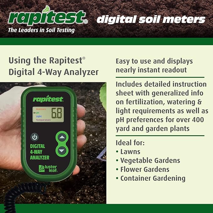 Luster Leaf Rapitest 4-Way Digital Soil Analyzer for pH, Moisture, Temperature, and Light – Designed and Engineered in the USA