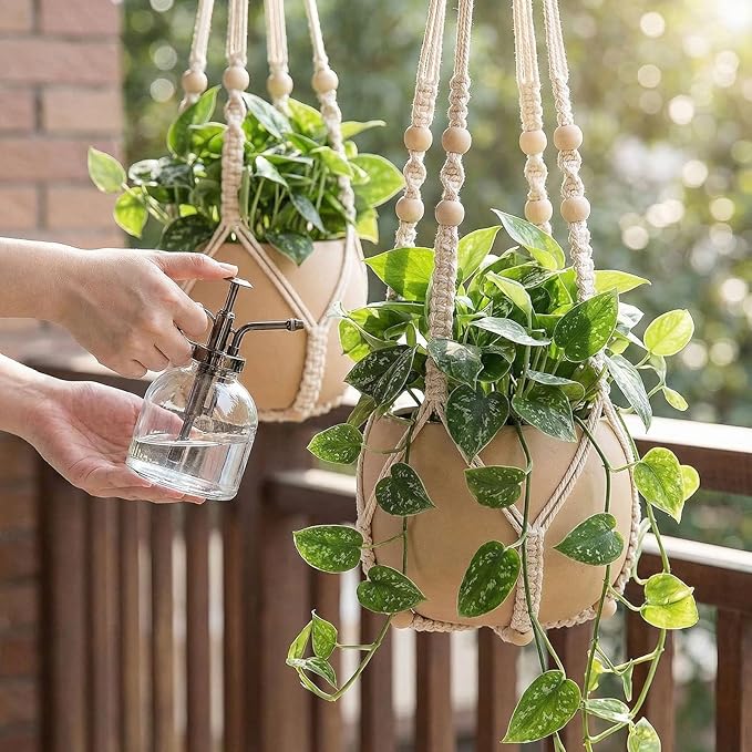 Macrame Plant Hanger 35", No Tassel Hanging Plant Holder, Sturdy Flower Pot Holder with 2 Hooks - Ivory