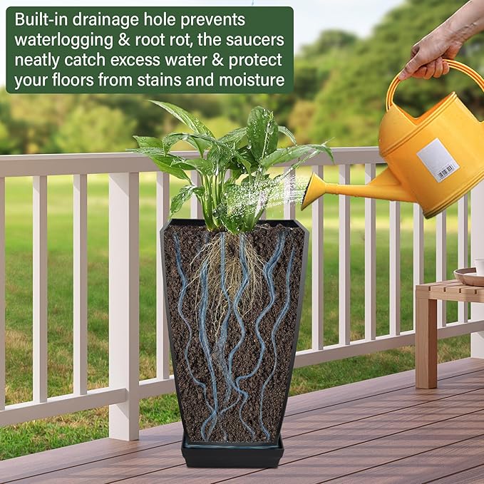 Neoaider Set of 2 Tall Planter, 21 inch Large Plastic Planter with Drain Hole & Saucers, Large Outdoor Planters for Porch, Garden, Patio, Balcony(Cement Gray)