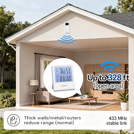 Indoor Outdoor Thermometer Hygrometer, Wireless Digital Temperature & Humidity Monitor with Outdoor Sensor, 328ft Range, Backlight LCD Display for Home, Room, Patio, Battery Included