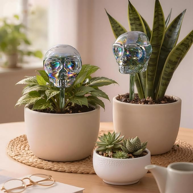 Soilagua 10 oz Smiling Cute Skull Glass Plant Watering Globes, Halloween Goth Iridescent Clear Water Bulbs, Gothic Plant Watering Devices,Self Watering Planter Insert, Automatic Plant Waterer, 2 Pack