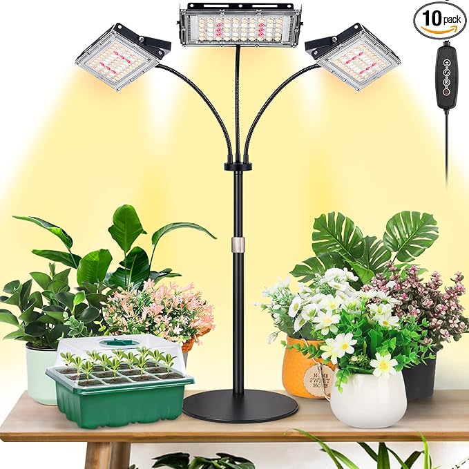 LBW Grow Light for Indoor Plant,Full Spectrum Tri-Head Desk Plant Light,Grow Lamp with 3H/6H/12H Timer,6-Level Brightness,3 Lighting Mode,Height Adjustable,Flexible Gooseneck,Ideal for Indoor Growth