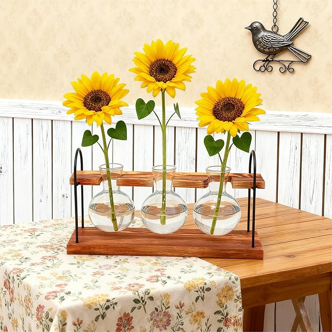 Plant Terrarium with Wooden Stand, The Ultimate Gift for Plant Lovers, Propagation Station with Retro Glass Bulbs, Creating a Stunning Tabletop Display of Hydroponic Greenery in Any Home or Office