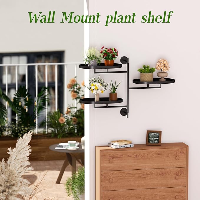 YQSLYSF Window Sill Rotating Plant Stand Shelf Indoor Black Metal Floating Shelves 3-Tier Wall Mount Plant Holders for Living Room Wall Planter Modern Home Decor for Gardening