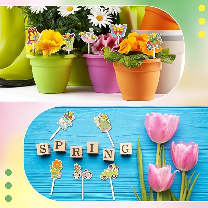 DoubleFill 15 Pcs Wooden Spring Plant Stakes Crafts Color Your Own Spring Sticks for Plant DIY Craft Kits Unfinished Wood Cutouts Butterfly Watering Can Snail Flower Shape for Gardener Gardening Gifts