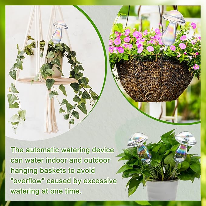 Qinyoung 2 Pcs 17 Oz Plant Watering Globes Large Mushroom Shaped Iridescent Rainbow Self Watering Globes Clear Glass Planter Insert Devices for Indoor Outdoor Plant Lovers