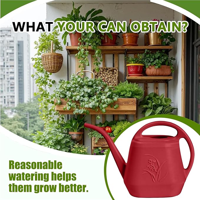 Hand Plastic Watering Can - for Indoor and Outdoor Home Garden Plants - with Long Spout - Wine Red - 1/2 Gallon